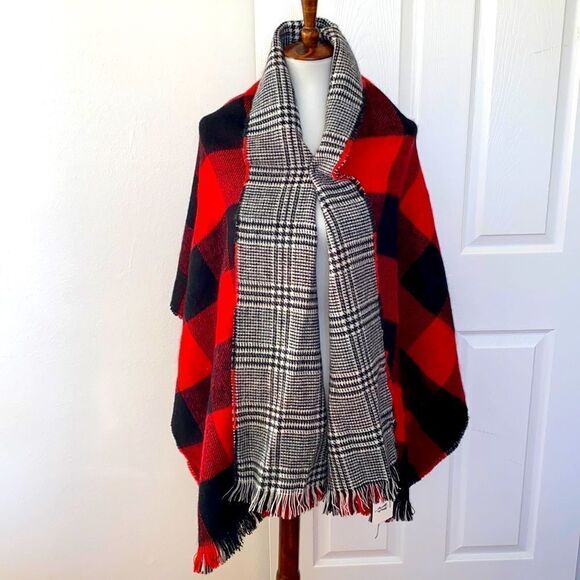 New Modena Plaid Fringe Red Gray Blanket Scarf - Picture 1 of 5
